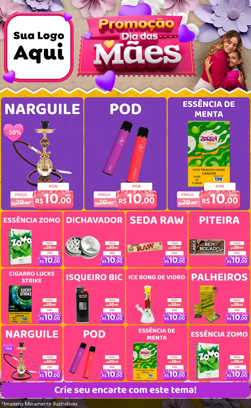 Modelo de Encarte para Encarte Grande com o tema Promoção Dia das Mães para Tabacaria