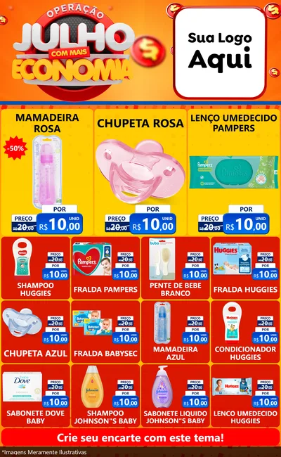 Modelo de Encarte para Encarte Grande com o tema Operação Julho Com Mais Economia para Bebês