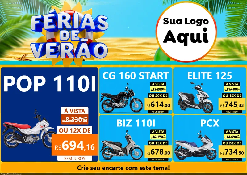 Modelo de Encarte para Encarte A4 Horizontal com o tema Férias de Verão para Concessionaria de Motos