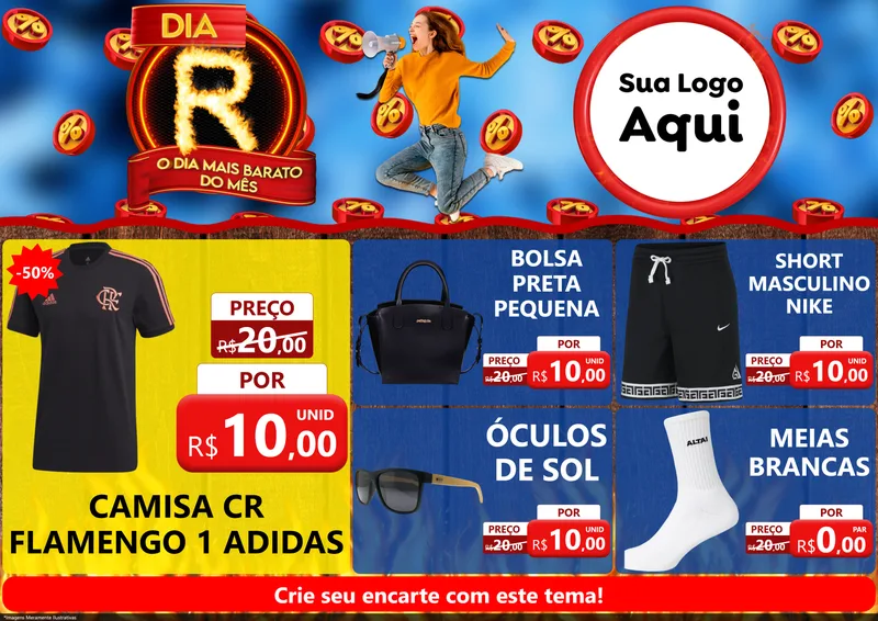 Modelo de Encarte para Encarte A4 Horizontal com o tema Dia R - O Dia Mais Barato Do Mês para Roupas e acessórios