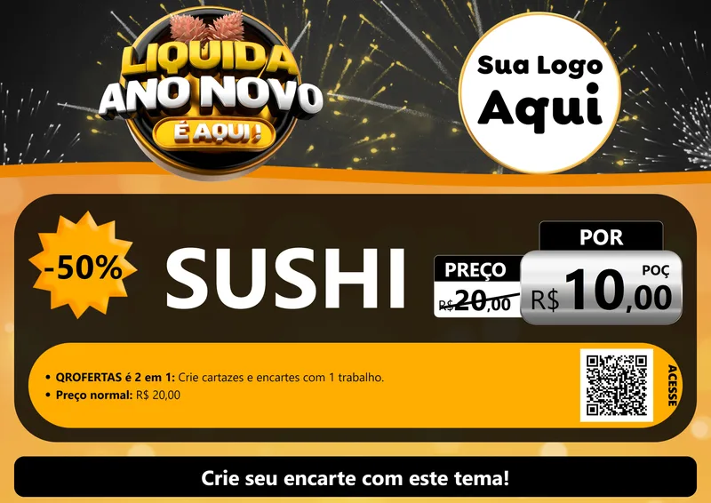 Modelo de Cartaz para Cartaz A4 Horizontal com o tema Liquida Ano Novo É Aqui! para Comida japonesa