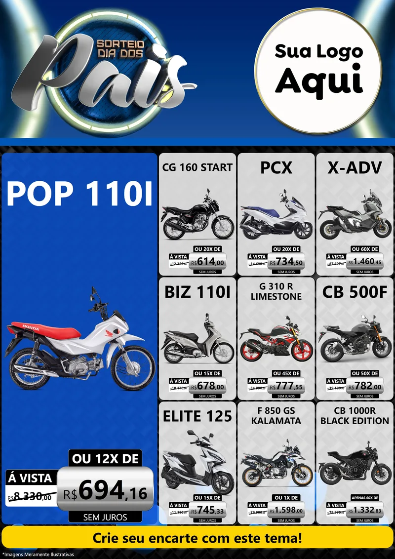 Modelo de Encarte para Encarte A4 Vertical com o tema Sorteio Dia Dos Pais para Concessionaria de Motos