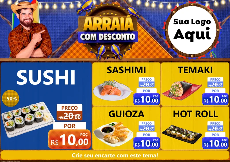 Modelo de Encarte para Encarte A4 Horizontal com o tema Arraiá Com Desconto para Comida japonesa