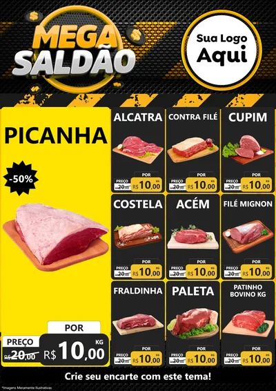 Modelo de Encarte para Encarte A4 Vertical com o tema Mega Saldão para Açougue