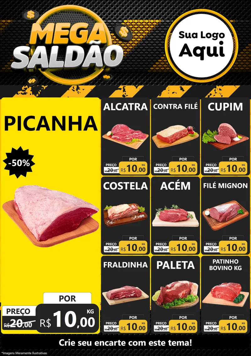 Modelo de Encarte para Encarte A4 Vertical com o tema Mega Saldão para Açougue