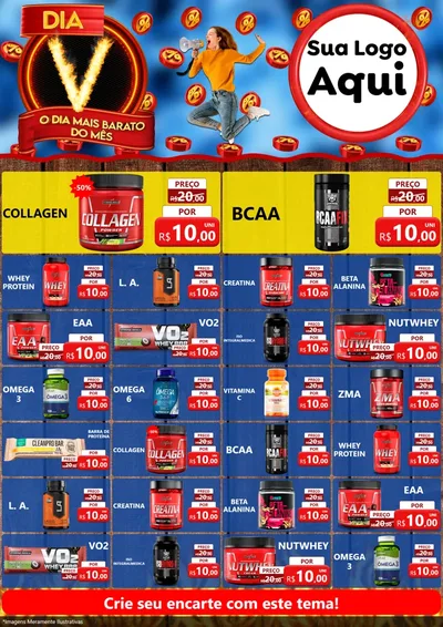 Modelo de Encarte para Encarte A4 Vertical com o tema Dia V - O Dia Mais Barato Do Mês para Suplementos alimentares