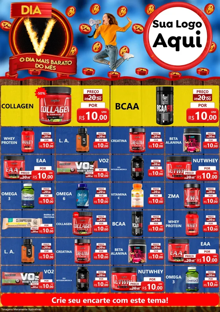 Modelo de Encarte para Encarte A4 Vertical com o tema Dia V - O Dia Mais Barato Do Mês para Suplementos alimentares