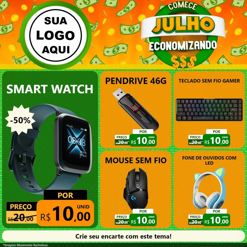Modelo de Rede Social para Feed Facebook com o tema Comece Julho Economizando para Informática