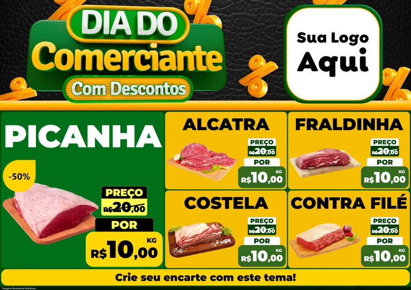 Modelo de Encarte para Encarte A4 Horizontal com o tema Dia do Comerciante com Descontos para Açougue