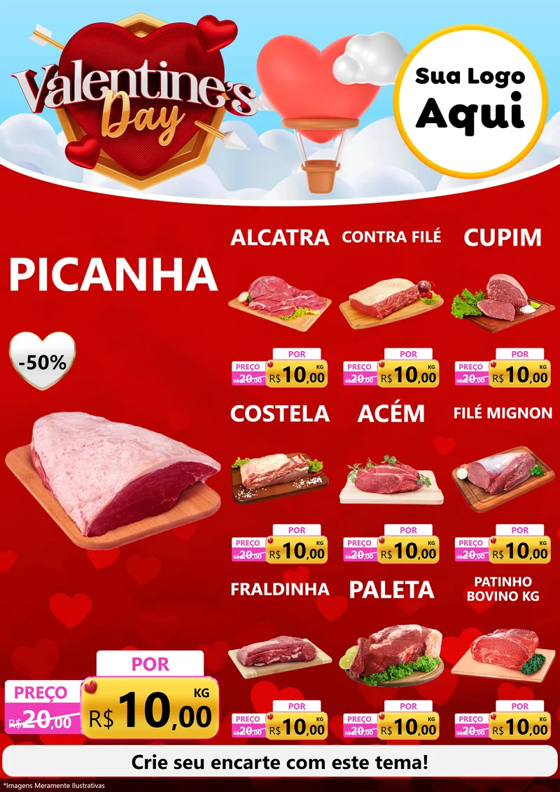 Modelo de Encarte para Encarte A4 Vertical com o tema Valentine's Day para Açougue