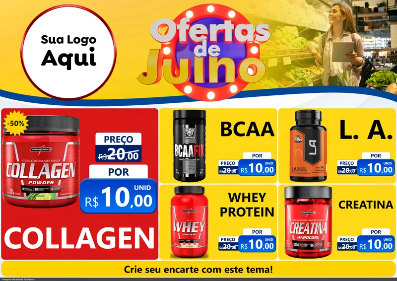 Modelo de Encarte para Encarte A4 Horizontal com o tema Ofertas de Julho para Suplementos alimentares