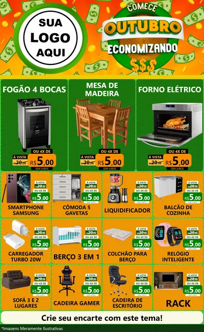 Modelo de Encarte para Encarte Grande com o tema Comece Outubro Economizando para Móveis e Eletro