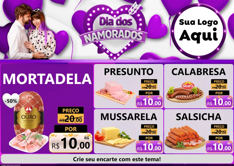 Modelo de Encarte para Encarte A4 Horizontal com o tema Dia dos Namorados para Frios e Laticínios