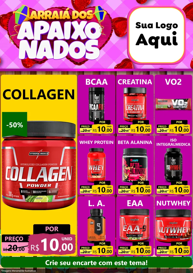 Modelo de Encarte para Encarte A4 Vertical com o tema Arraiá dos Apaixonados para Suplementos alimentares