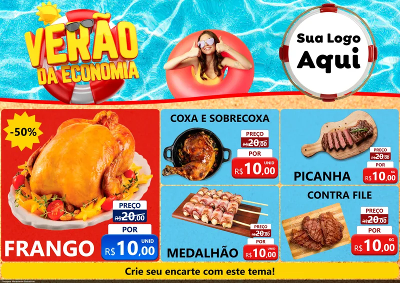 Modelo de Encarte para Encarte A4 Horizontal com o tema Verão da Economia para Assados