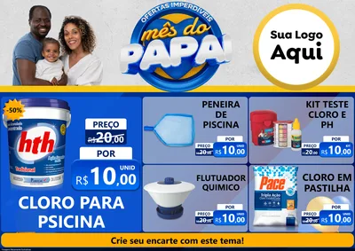 Modelo de Encarte para Encarte A4 Horizontal com o tema Ofertas Imperdíveis Mês Do Papai para Produtos para Piscina