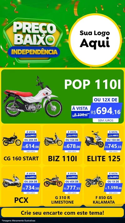 Modelo de Rede Social para Stories com o tema Preço Baixo de Independência para Concessionaria de Motos