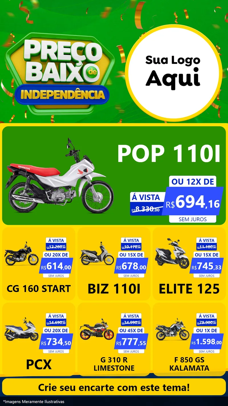 Modelo de Rede Social para Stories com o tema Preço Baixo de Independência para Concessionaria de Motos