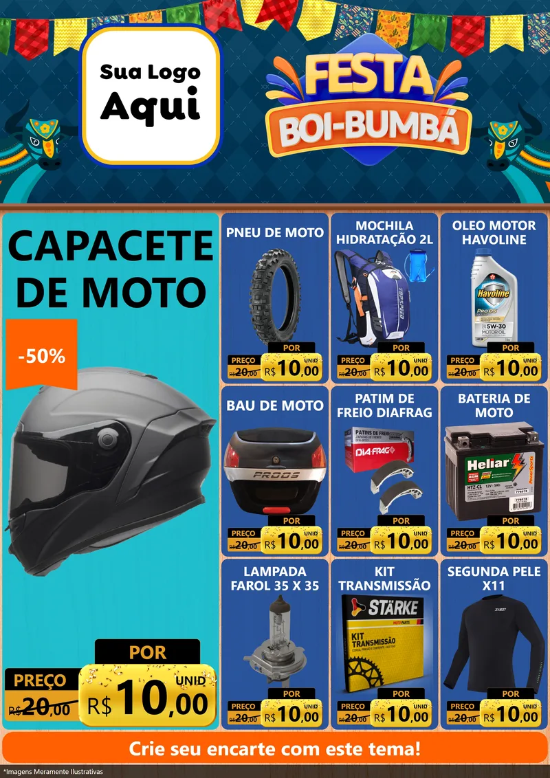 Modelo de Encarte para Encarte A4 Vertical com o tema Festa Boi Bumbá para Moto peças