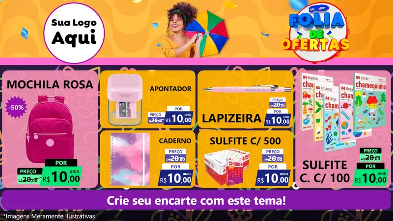 Modelo de TV para TV Horizontal com o tema Folia de Ofertas para Papelaria