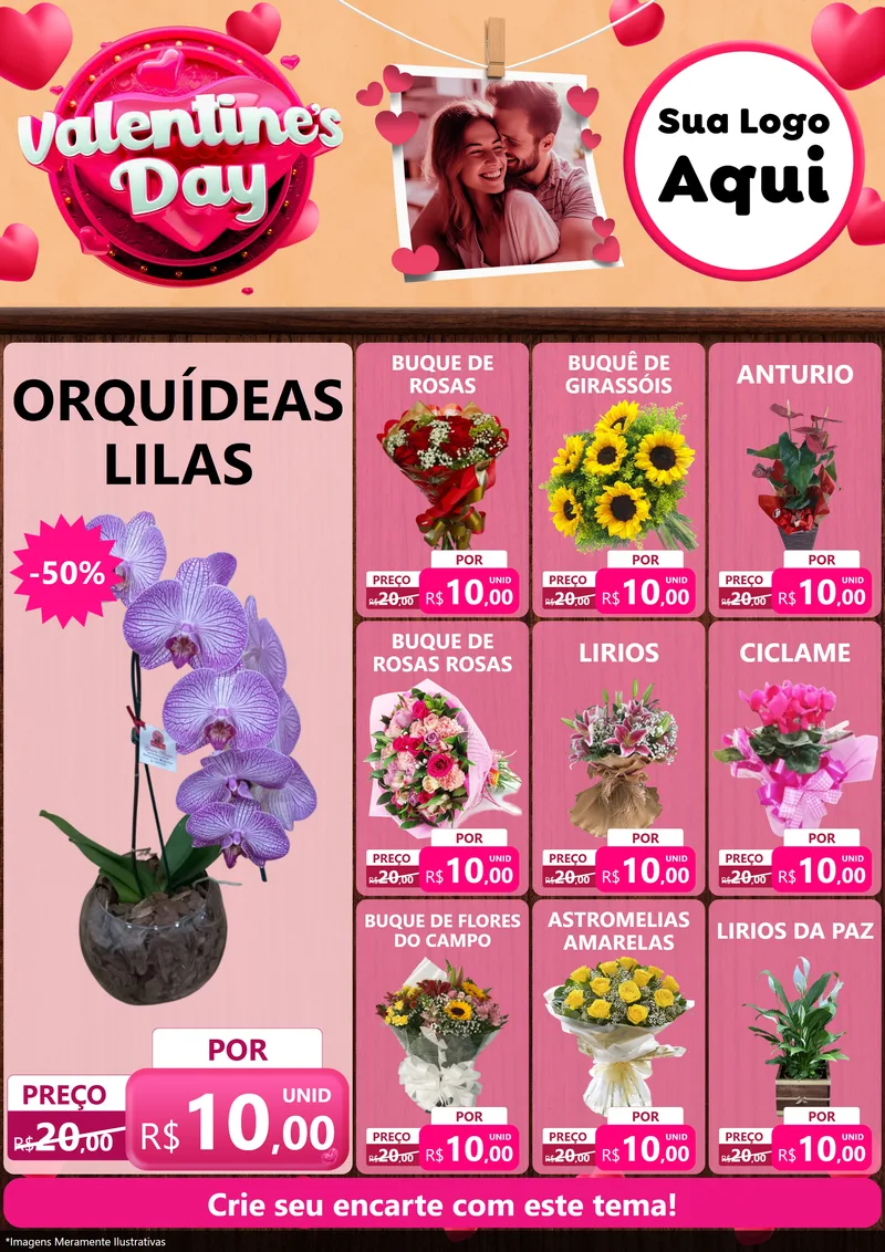 Modelo de Encarte para Encarte A4 Vertical com o tema Valentine's Day para Floricultura e jardim