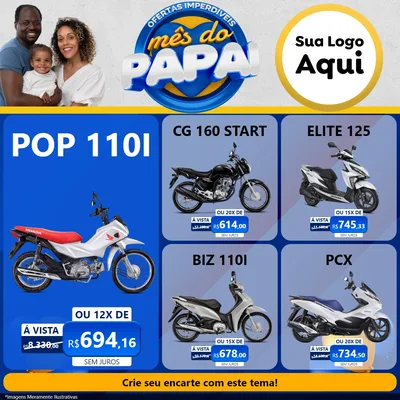 Modelo de Rede Social para Feed Facebook com o tema Ofertas Imperdíveis Mês Do Papai para Concessionaria de Motos