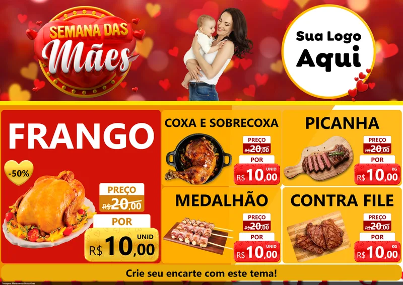 Modelo de Encarte para Encarte A4 Horizontal com o tema Semana das Mães para Assados