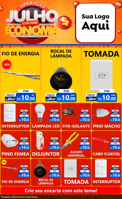 Modelo de Encarte para Encarte Grande com o tema Operação Julho Com Mais Economia para Materiais Elétricos