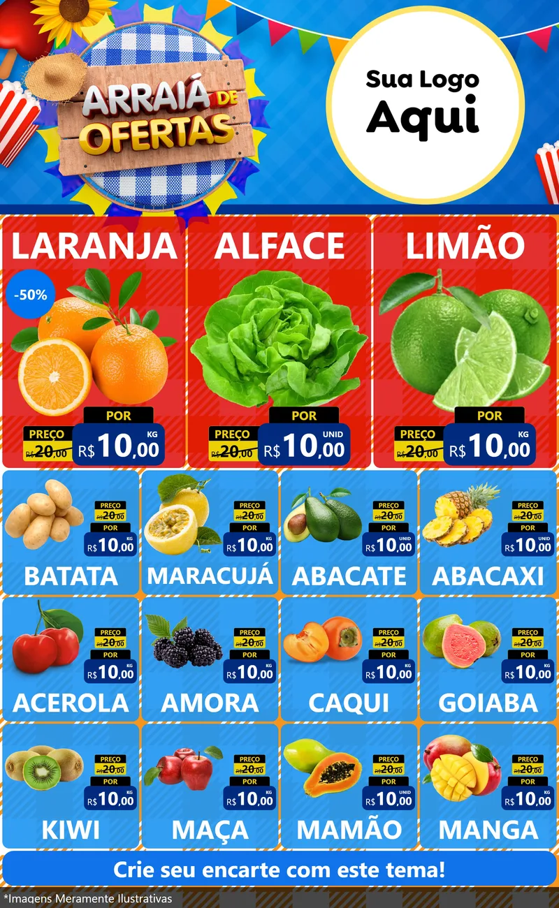 Modelo de Encarte para Encarte Grande com o tema Arraiá de Ofertas para Hortifrúti