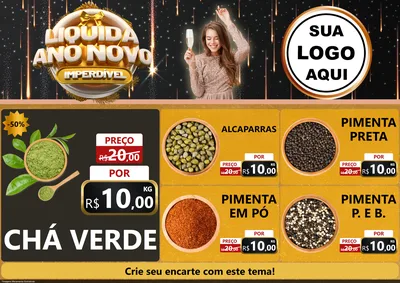 Modelo de Encarte para Encarte A4 Horizontal com o tema Liquida Ano Novo Imperdível para Produtos Naturais