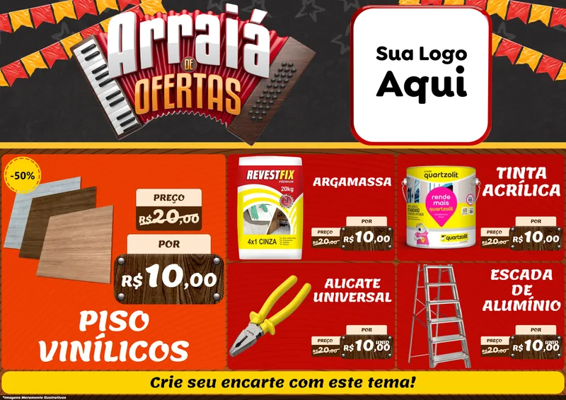 Modelo de Encarte para Encarte A4 Horizontal com o tema Arraiá de Ofertas - Junina para Material para Construção