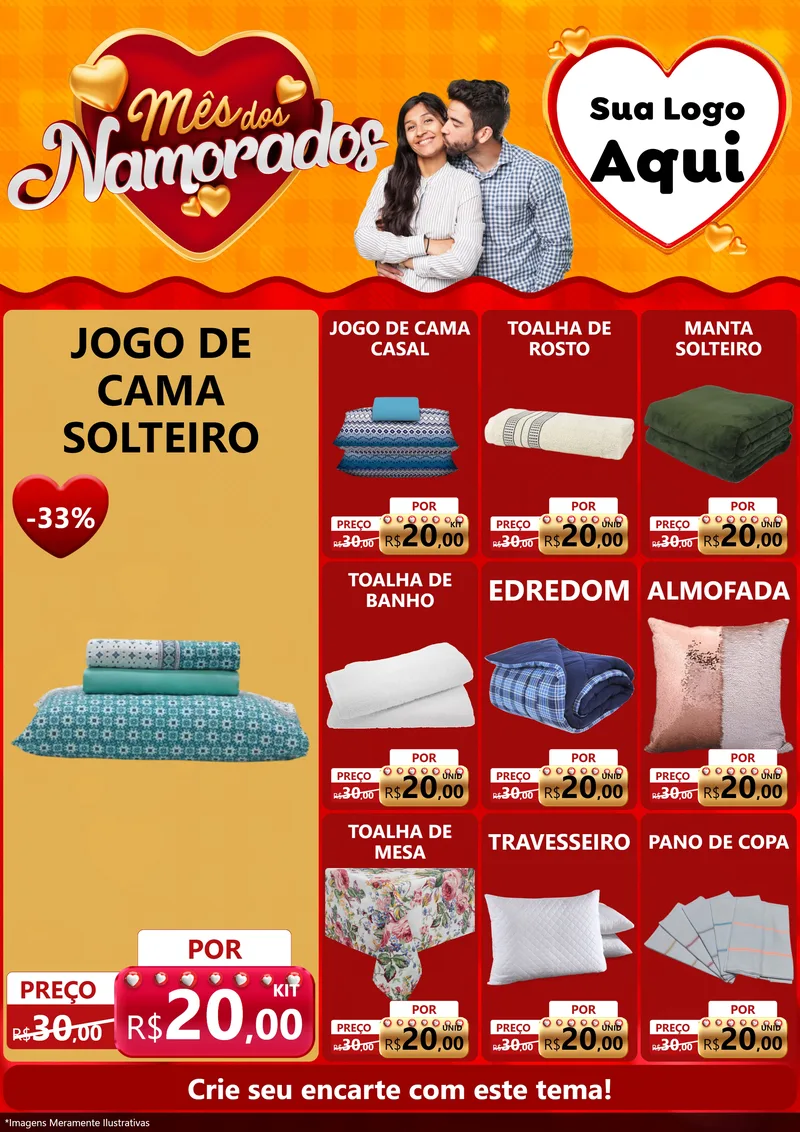 Modelo de Encarte para Encarte A4 Vertical com o tema Mês dos Namorados para Cama, Mesa e Banho