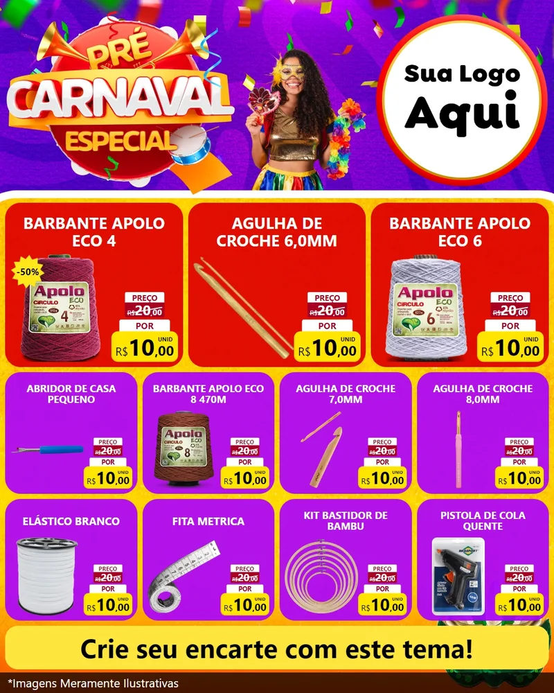 Modelo de Rede Social para Feed Instagram com o tema Pré-Carnaval Especial para Armarinho e Aviamentos