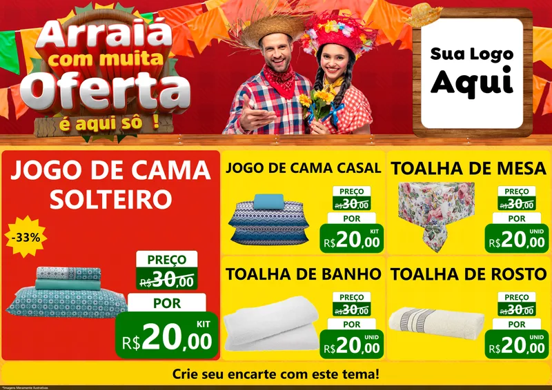 Modelo de Encarte para Encarte A4 Horizontal com o tema Arraiá Com Muita Oferta - É Aqui Sô! para Cama, Mesa e Banho