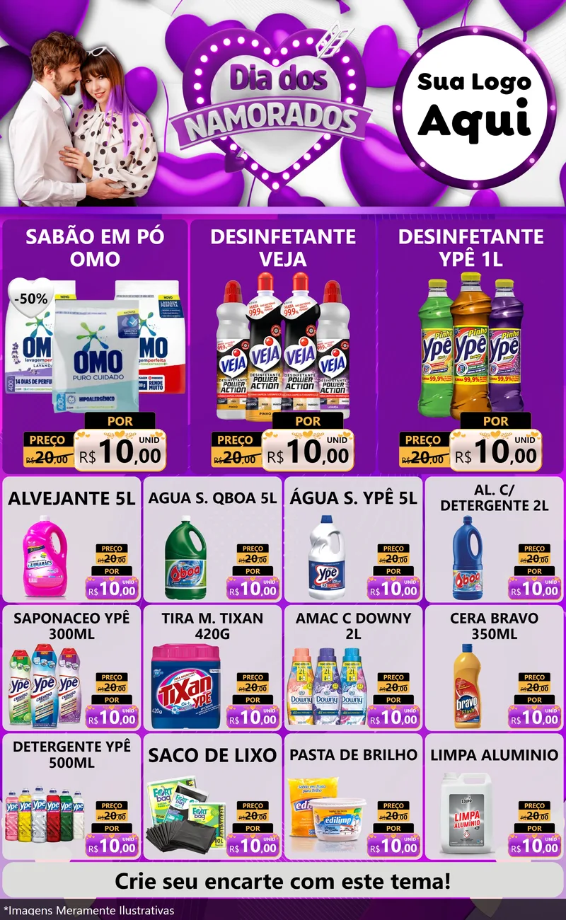 Modelo de Encarte para Encarte Grande com o tema Dia dos Namorados para Produtos de Limpeza