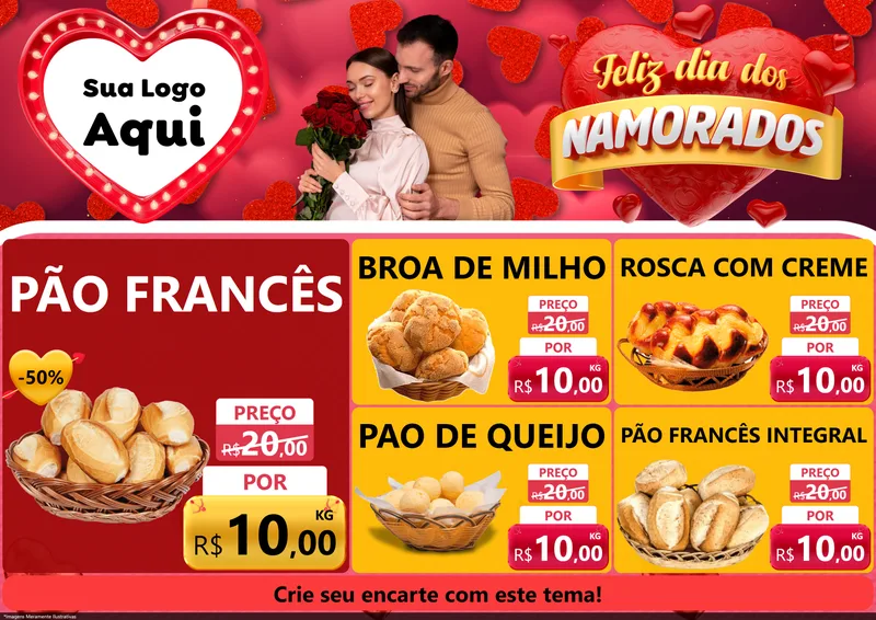 Modelo de Encarte para Encarte A4 Horizontal com o tema Feliz Dia Dos Namorados para Padaria