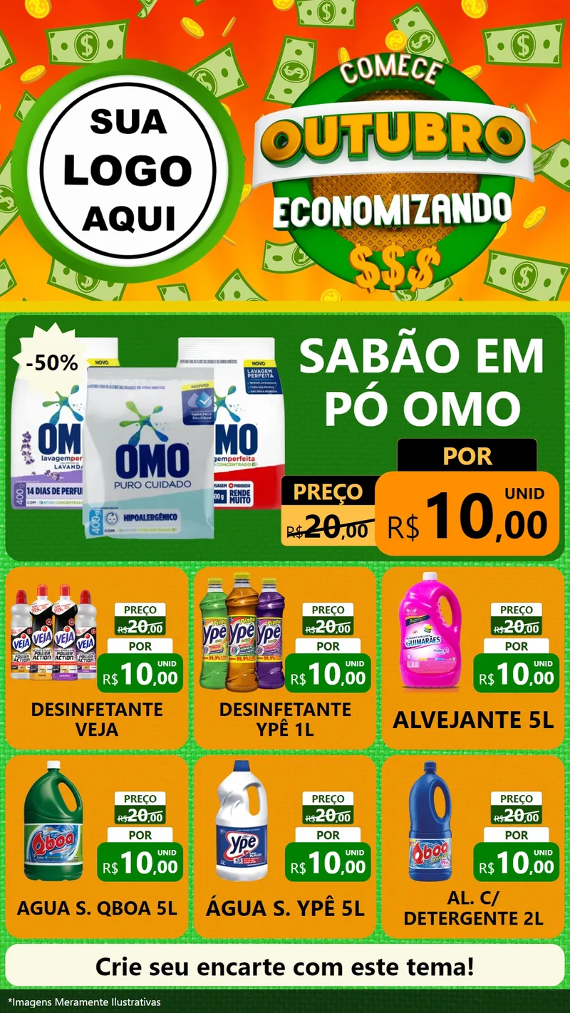 Modelo de Rede Social para Stories com o tema Comece Outubro Economizando para Produtos de Limpeza