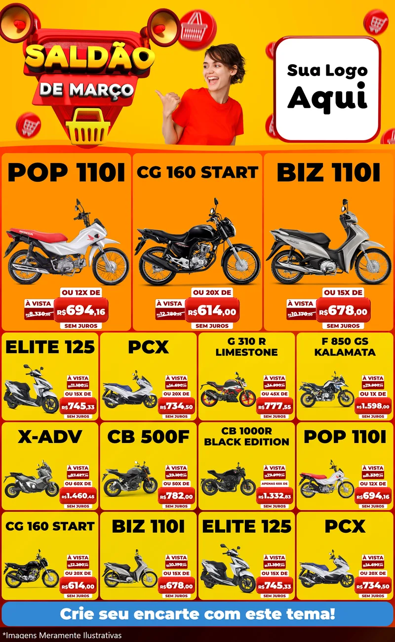 Modelo de Encarte para Encarte Grande com o tema Saldão de Março para Concessionaria de Motos