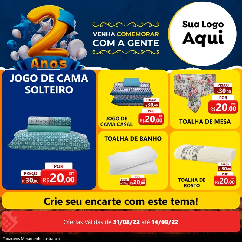 Modelo de Rede Social para Feed Facebook com o tema Aniversário de 2 anos para Cama, Mesa e Banho
