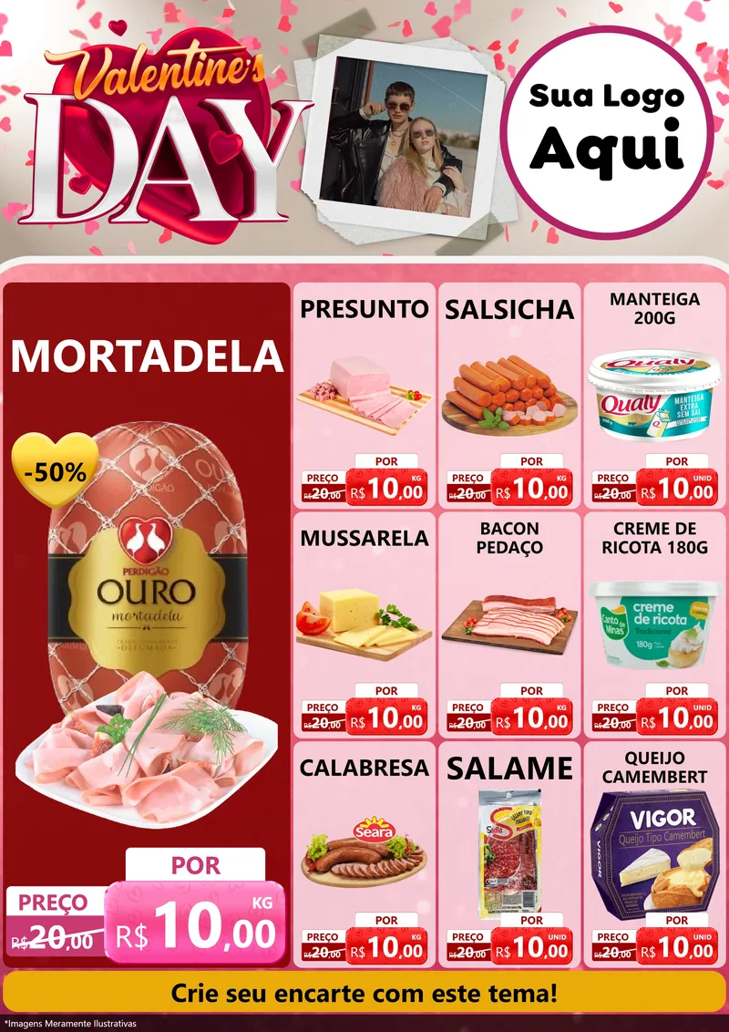 Modelo de Encarte para Encarte A4 Vertical com o tema Valentine's Day para Frios e Laticínios