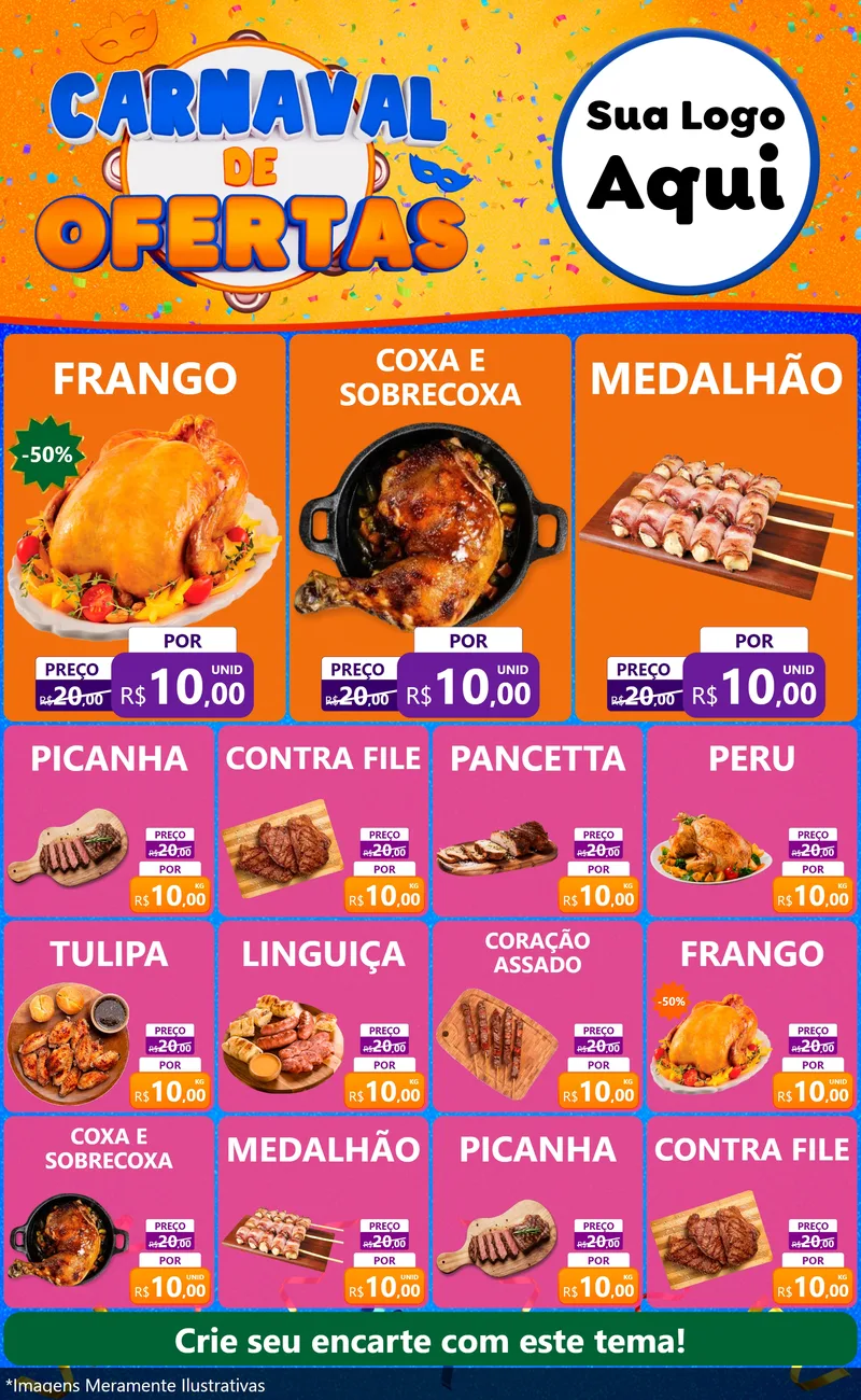 Modelo de Encarte para Encarte Grande com o tema Carnaval de Ofertas para Assados