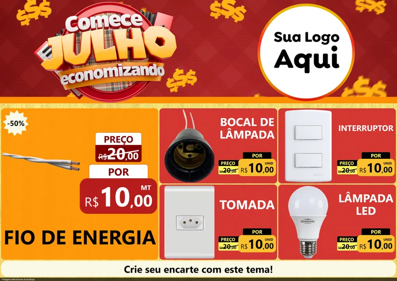 Modelo de Encarte para Encarte A4 Horizontal com o tema Comece Julho Economizando para Materiais Elétricos