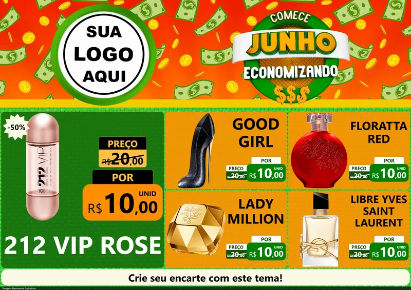 Modelo de Encarte para Encarte A4 Horizontal com o tema Comece Junho Economizando para Perfumes