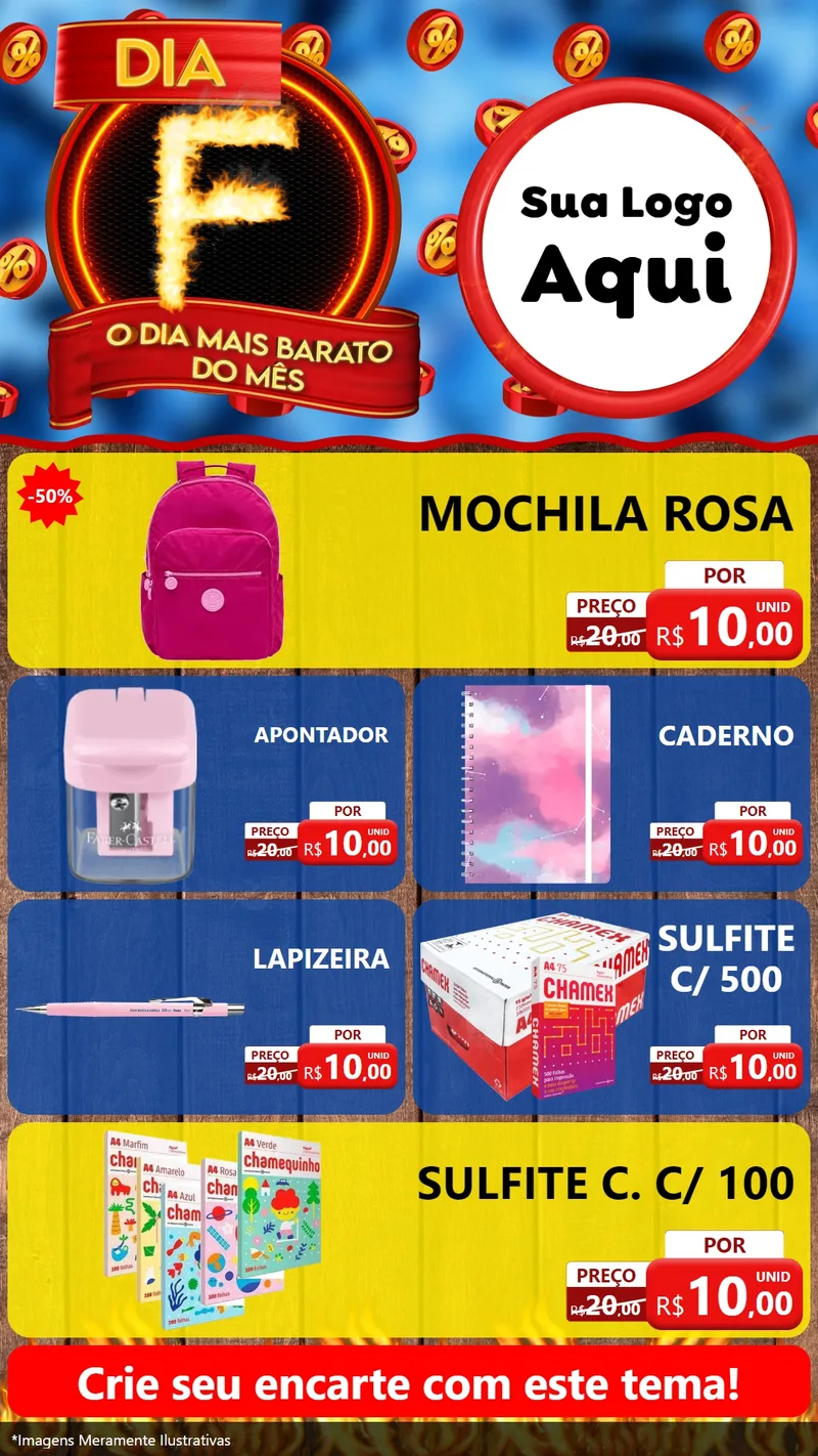 Modelo de TV para TV Vertical com o tema Dia F - O Dia Mais Barato Do Mês para Papelaria