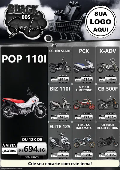 Modelo de Encarte para Encarte A4 Vertical com o tema Black dos Sonhos para Concessionaria de Motos