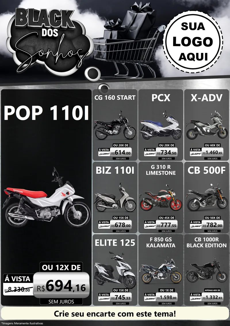 Modelo de Encarte para Encarte A4 Vertical com o tema Black dos Sonhos para Concessionaria de Motos