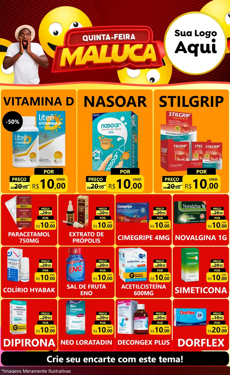 Modelo de Encarte para Encarte Grande com o tema Quinta-feira Maluca para Farmácia