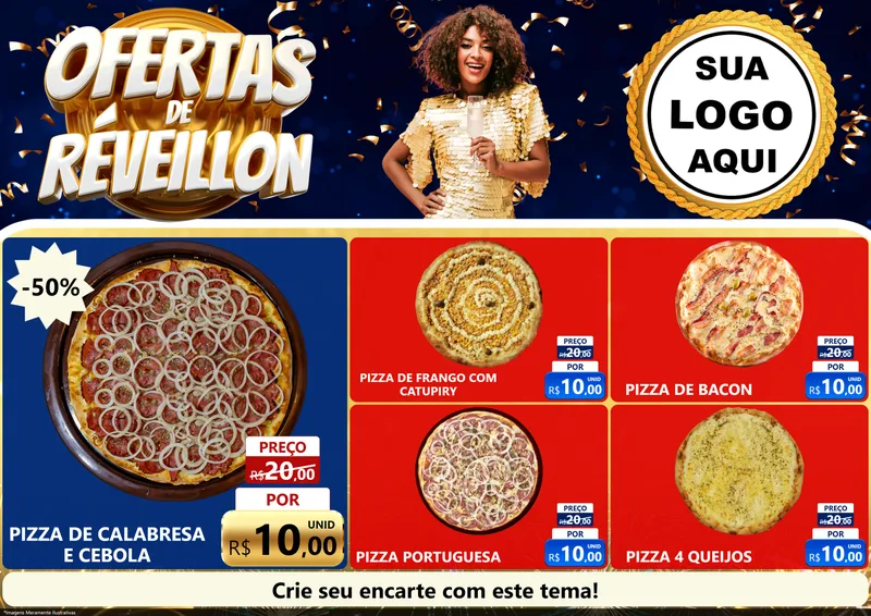 Modelo de Encarte para Encarte A4 Horizontal com o tema Ofertas de Réveillon para Pizzaria