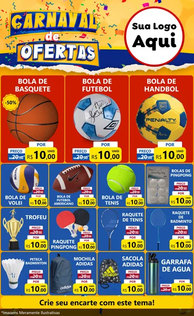 Modelo de Encarte para Encarte Grande com o tema Carnaval de Ofertas para Artigos Esportivos