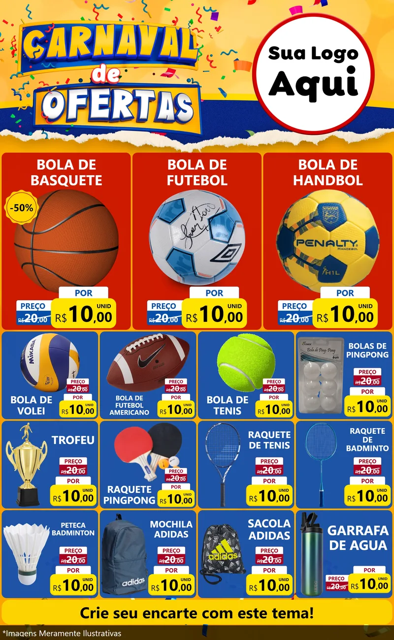 Modelo de Encarte para Encarte Grande com o tema Carnaval de Ofertas para Artigos Esportivos